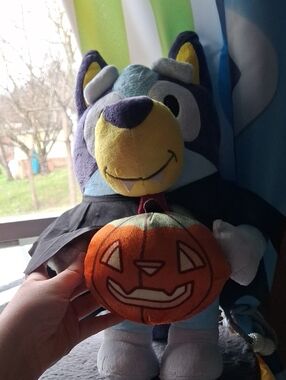 Plush Halloween Bluey with Orange Jack-O'-Lantern Pumpkin